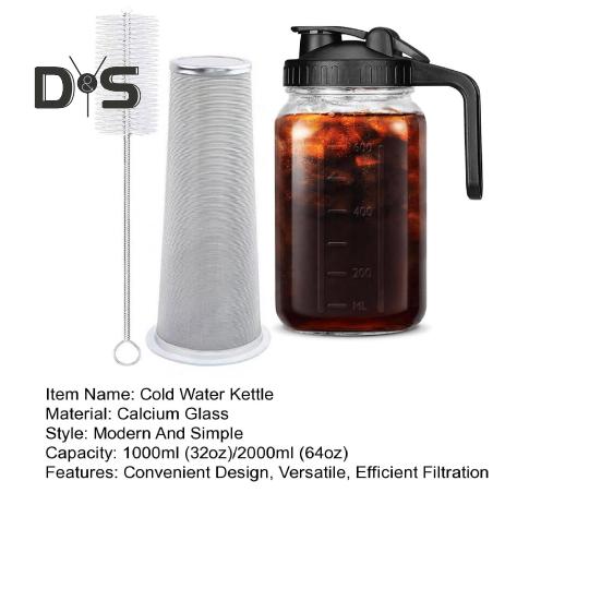 Cold Brew Coffee Maker 32oz/64oz Glass Pitcher with Stainless Steel Filter Wide Mouth Mason Jar Pitcher for Iced Tea Lemonade