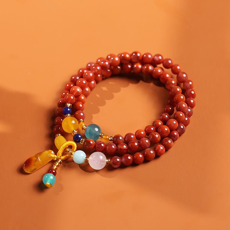 Natural three-ring full-bead Southern Red Agate bracelet with a natural-shaped beeswax pendant, multi-ring bracelet, jewelry