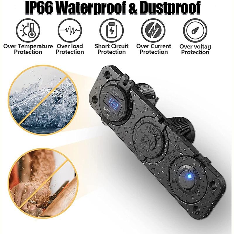 Гнездо питания из алюминиевого сплава Dual Quick Charge 3.0 с тумблером-переключателем и светодиодным вольтметром для автомобиля, лодки 12-24 В