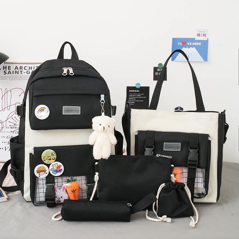 Large Capacity Primary School Junior High School Students Shoulders Backpack High School Fash Five Piece Set Without Accessories