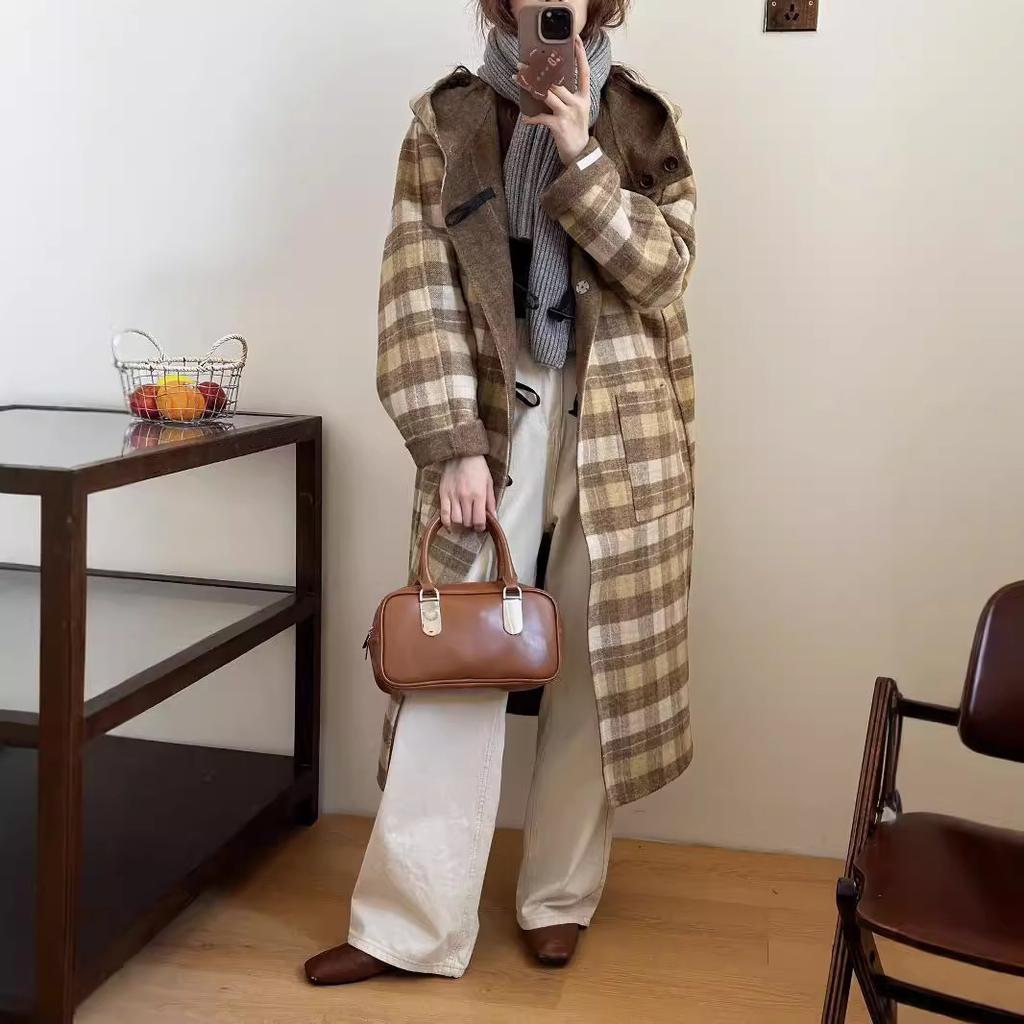 Осенне-зимнее ретро-пальто с капюшоном и роговыми пуговицами в клетку, двухстороннее шерстяное пальто, женское свободное двухстороннее шерстяное пальто