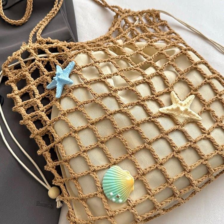 Summer vacation drawstring lined fishing net woven bag