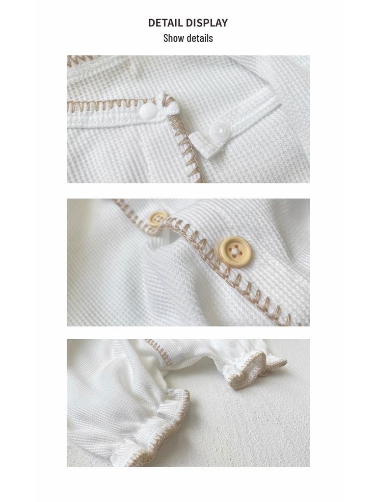 2026 Детский ромпер с вафельной текстурой и рукавами-фонариками - Весенний наряд для девочки с однобортным дизайном и подгузником