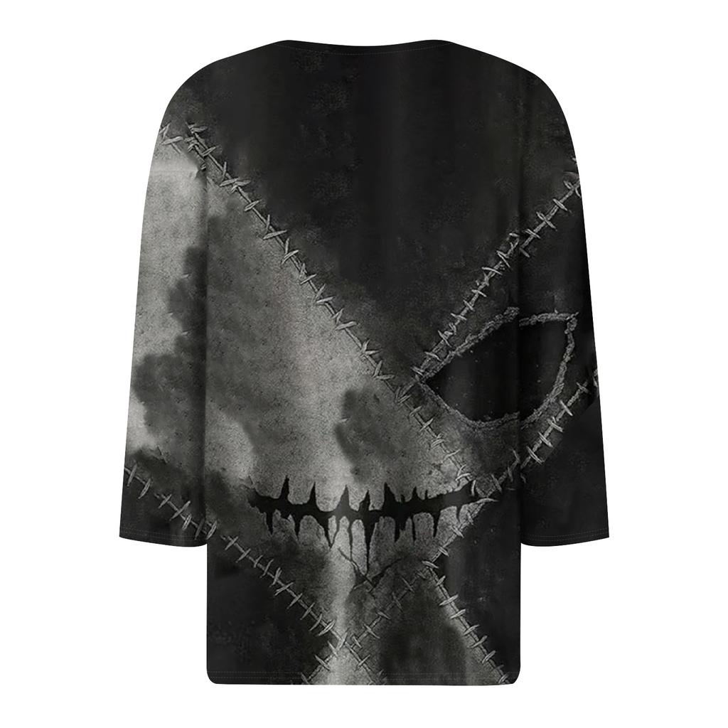Women's Fashion Button-Up V-Neck Three-Quarter Sleeve Halloween Print Top
