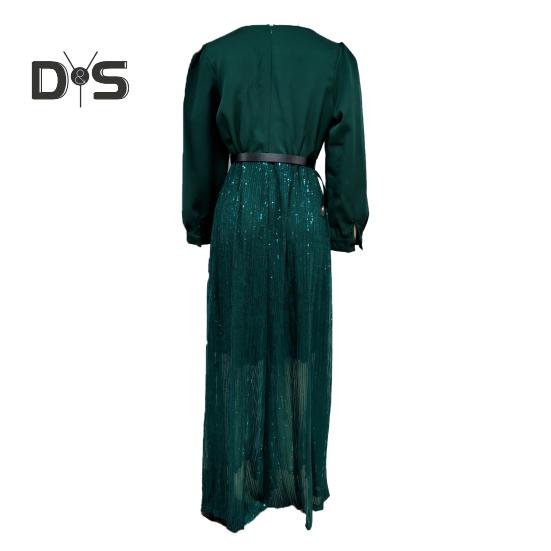 Women Jumpsuit Wide Leg Shiny Sequin Deep V Neck Long Lantern Sleeve Tight High Waist with Belt Solid Color Prom Cocktail Party Wedding Fake Dress