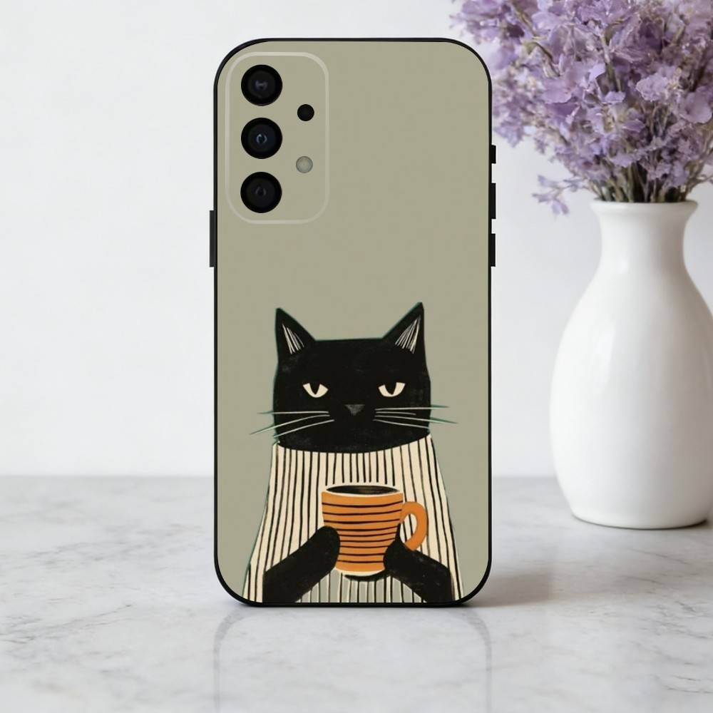Чехол для телефона S-Striped C-Coffee Cat для Samsung Galaxy A73, A72, A71, A70, A53, A52, A51, Другие Мягкий Черный Корпус