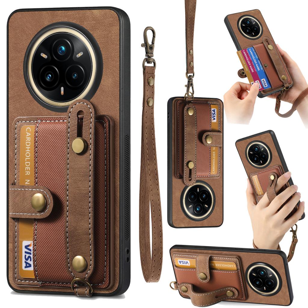 For Realme 14 Pro 5G Retro PU Leather Back Cover with Card Holder and Wristband Kickstand