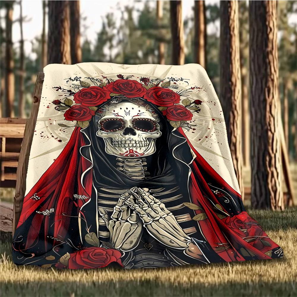 1pc Sugar Skull Throw Blanket Polyester Fiber, Lightweight Flannel, Soft & Warm, All Season Use for Outdoor, Camping Digital Print