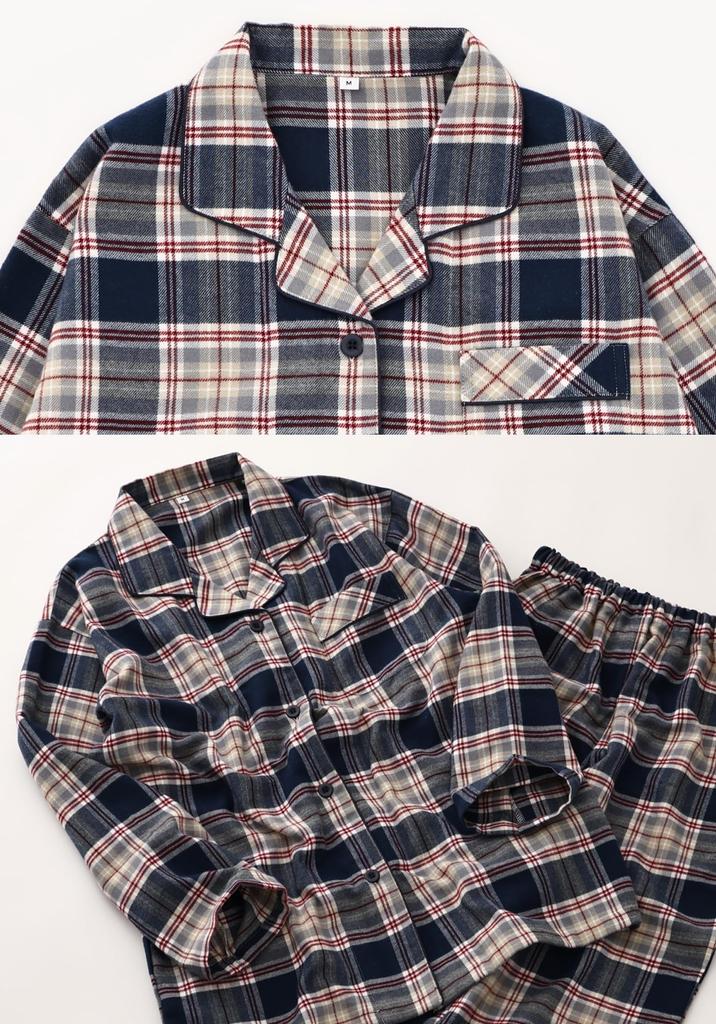 Kaituck Family Women's Cashmere-Touch Flannel Shirt Pajamas, Long Sleeve, Check Pattern, Spring, Autumn, Winter (L, Navy)