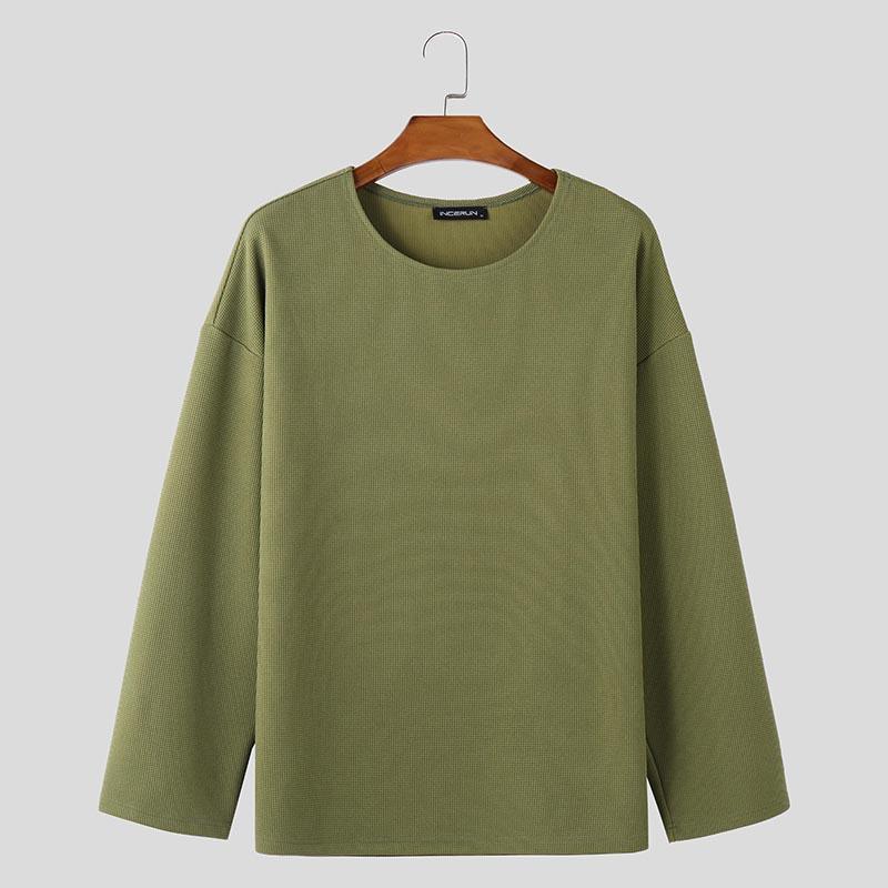 INCERUN Men Round Neck Long Sleeve Texture Waffle Casual Oversized T-shirts