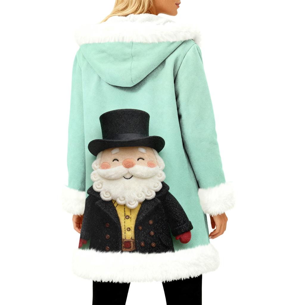 Unisex Casual And Fashionable Plush Collar Hooded Long Sleeved Christmas Printing Jacket