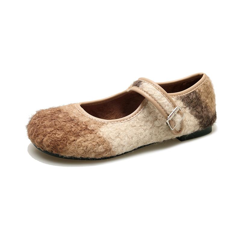 Женская обувь 2024 года, зимняя плоская подошва, французский ретро, круглый носок, плюшевые туфли Мэри Джейн, новые удобные хлопковые туфли с пряжкой