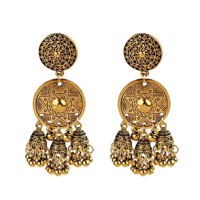 Новые этнические винтажные женские геометрические турецкие серьги Jhumka индийские украшения золотые серьги с кисточками в виде колокольчиков турецкие украшения