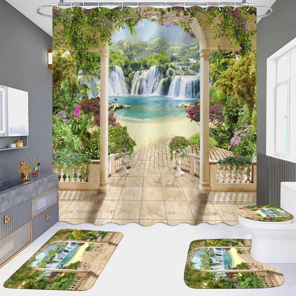 4 шт., наборы занавесок для душа в европейском стиле с архитектурой замка Мандала для ванной комнаты, нескользящие коврики для ванной комнаты, крышка для унитаза, коврик для ванной