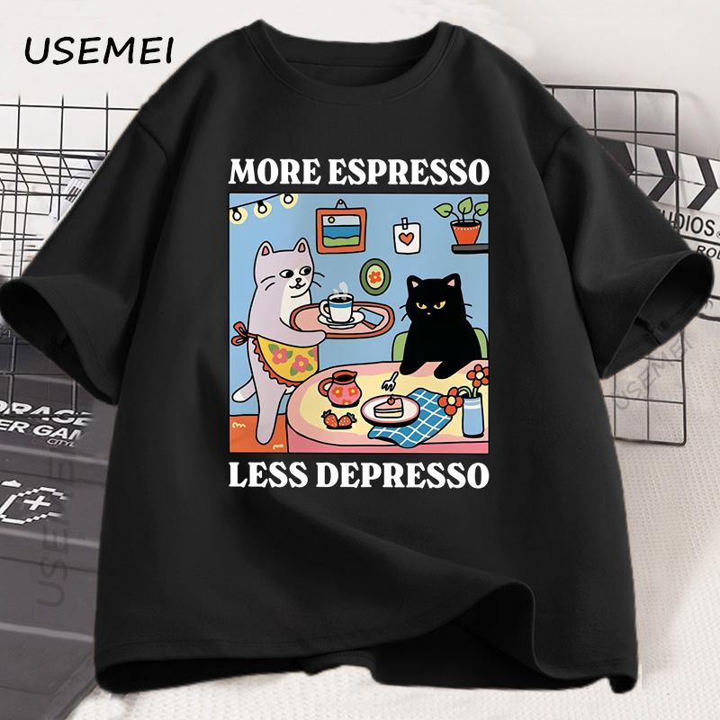 More Espresso Less Depresso Black Cat Tshirt Unisex Women Funny Coffee Cat T Shirt Casual Summer Cotton Short Sleeve Tshirt Tops