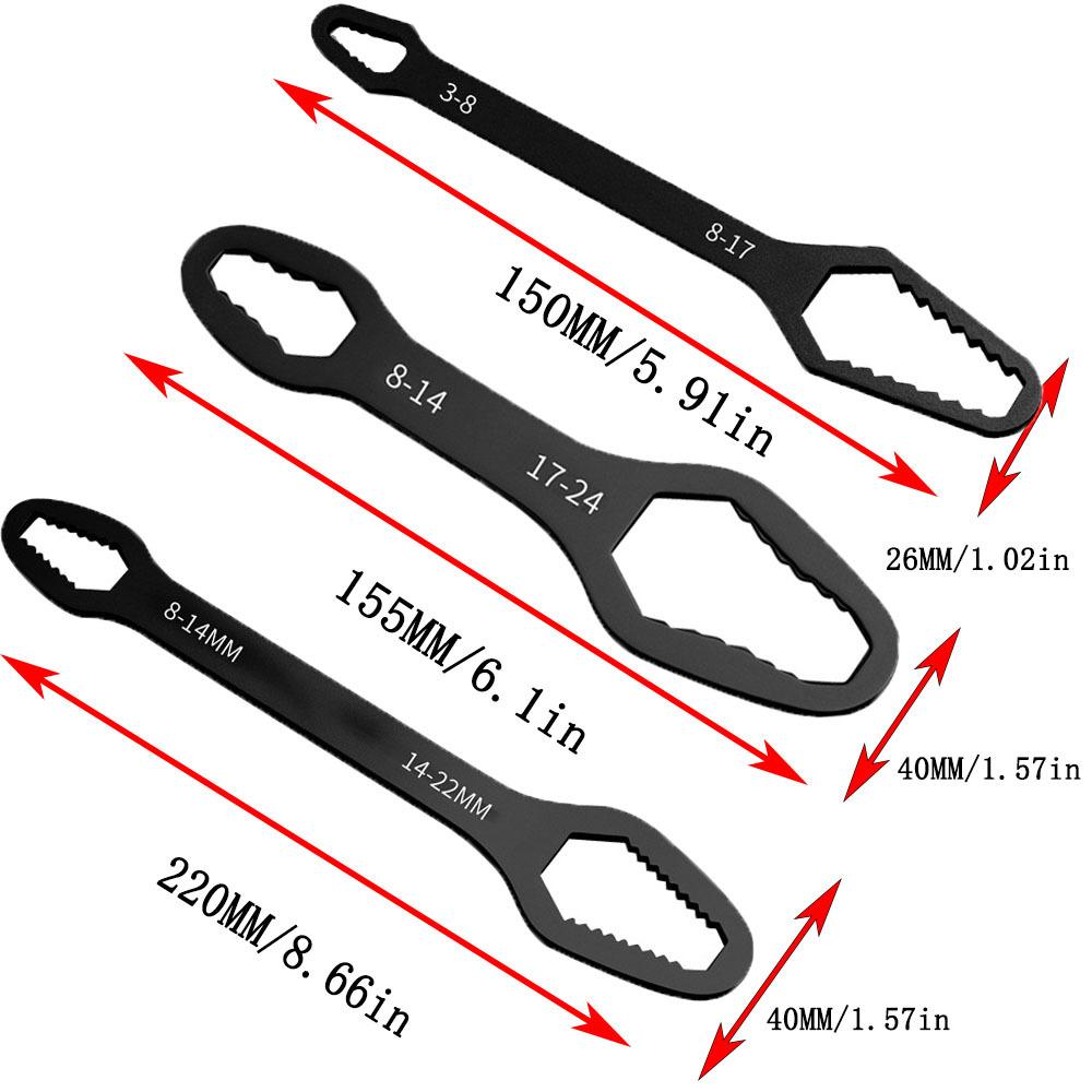Набор из 3 шт. Многофункциональный черный Torx-ключ | Регулируемый самозатягивающийся двусторонний ключ размерами 3-24 мм, толщиной 5 мм, прочная конструкция и портативность