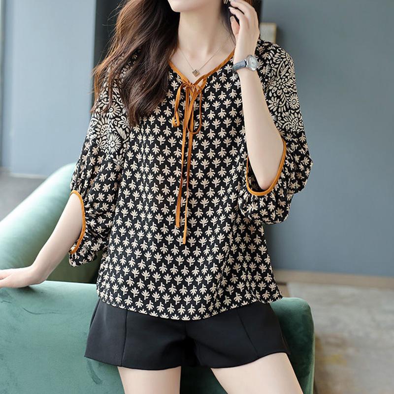 Elegant Fashion Bow Drawstring Printing Patchwork Chiffon Shirt Summer  O-Neck Half Sleeve Pullovers Blouse Women's Clothing