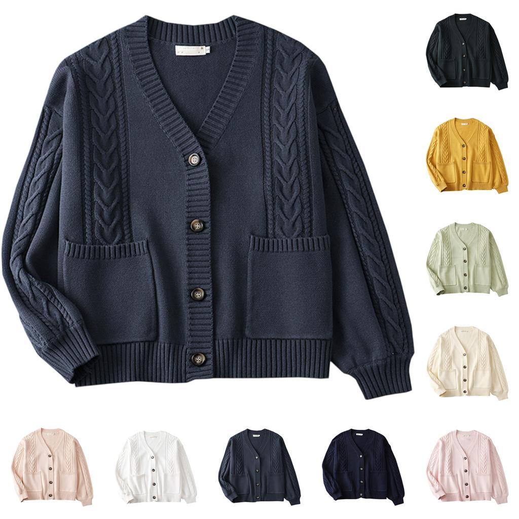 Женский однотонный кардиган на пуговицах с длинным рукавом, вязаный жакет, вязаный свитер