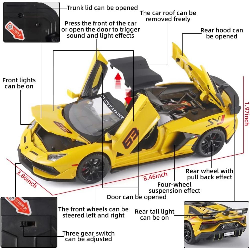 1/24 спортивный автомобиль Lambo SVJ 63, литой металлический автомобиль, игрушки, модели автомобилей со съемной крышей, звуковой подсветкой и откатом назад для детей от 3 лет и старше