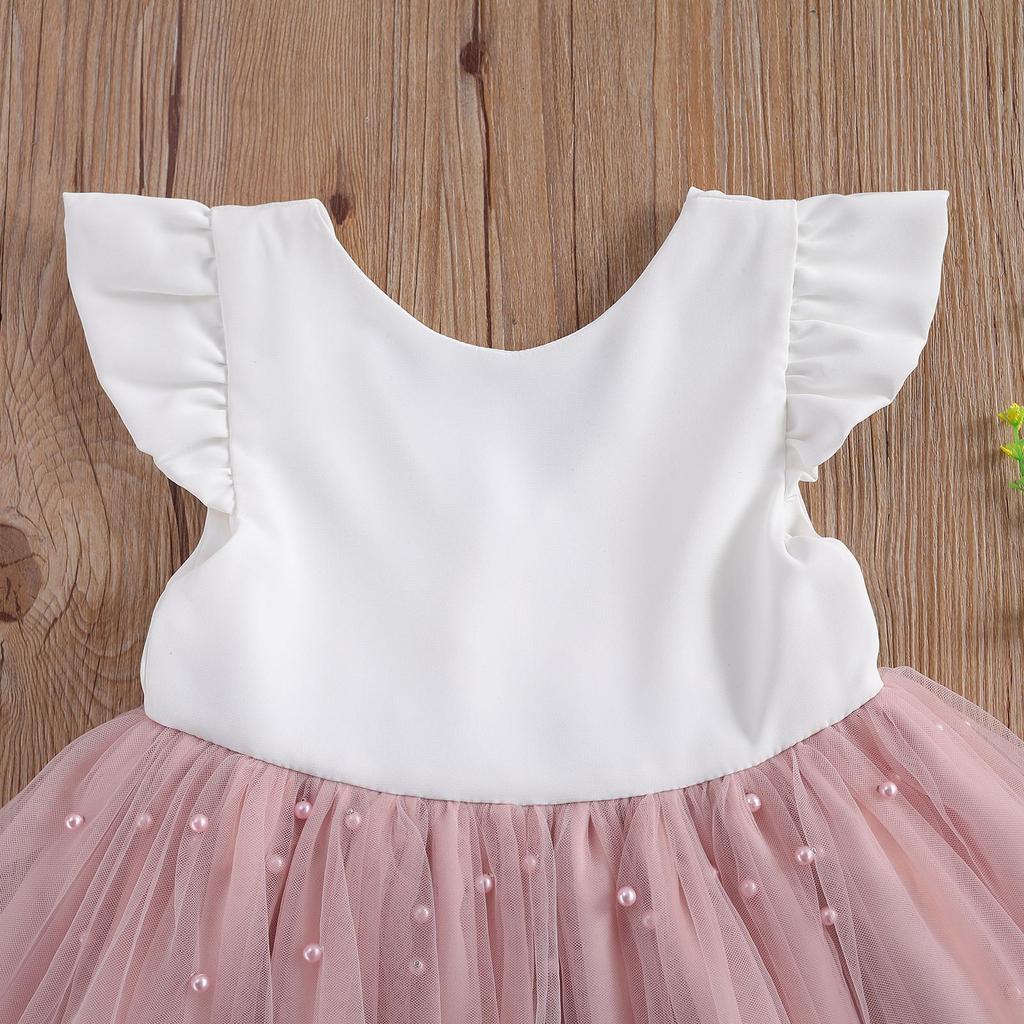 Little Girls Summer Dress, Ruffle Sleeve Round Neck Lace Back Zipper Up Dress, Mesh Multi-Layer Princess Party TuTu Dress