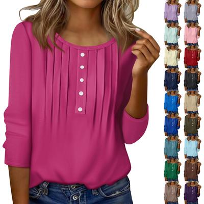 Женский топ с круглым вырезом, декоративными пуговицами и полосками, повседневная футболка однотонного цвета с рукавом 3/4