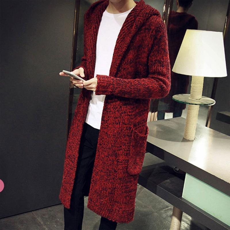 Men Hooded Jacket Long Knitted Cardigan Coats Solid Color Sweater Coats Autumn Knitted Jacket