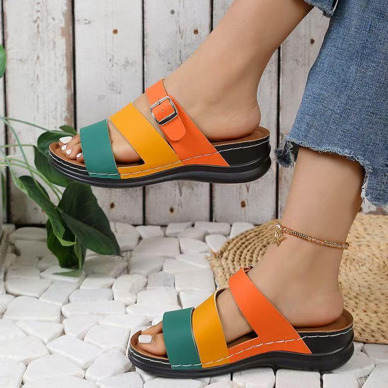 New Wide Width Wedge Sandals for Women Chunky Slide Slippers with Buckle Strap, Fashion Peep-Toe Summer Flip Flops