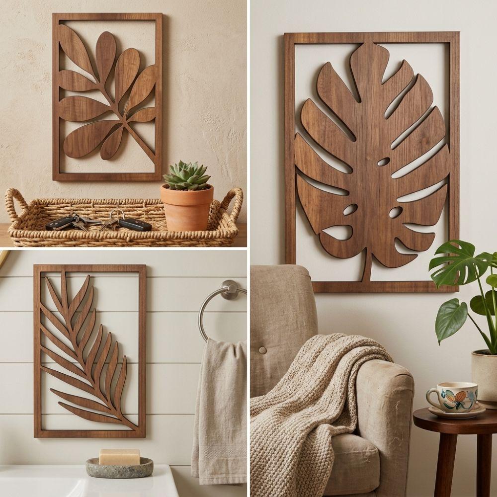 3Pcs Farmhouse Wooden Tropical Leaves Wall Sign Rustic Plant Wall Ornament Indoor Home Decor