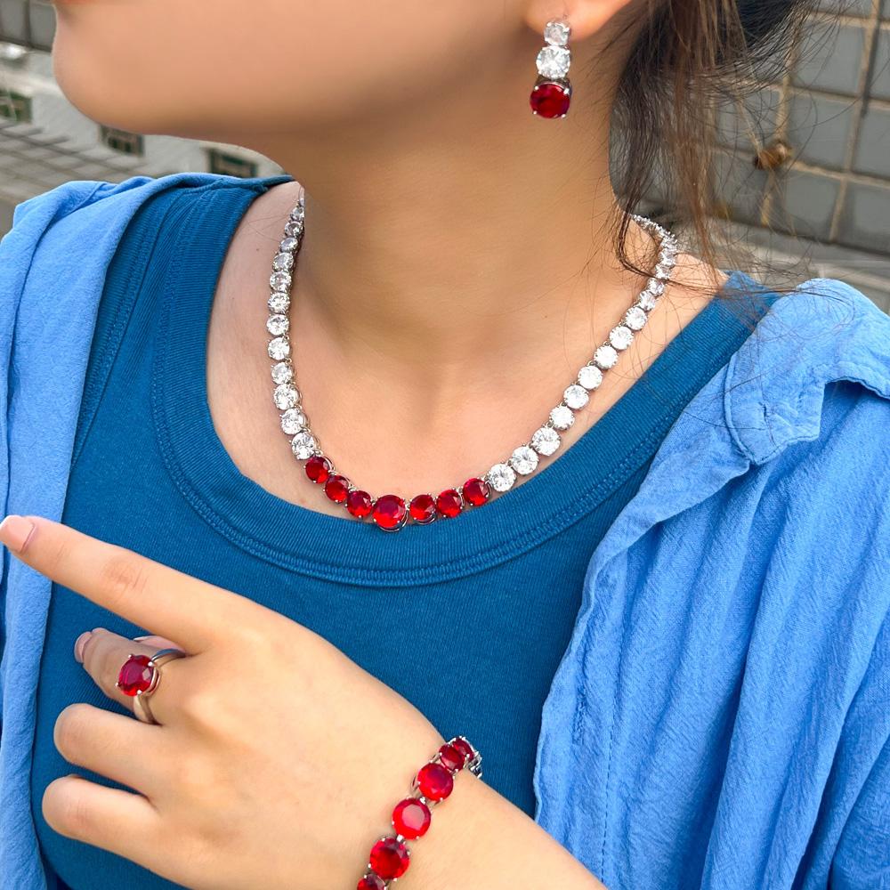 CMM 4PS Роскошный комплект свадебных украшений, ожерелье, кольцо, серьги, браслет, сапфировый цвет/рубиновый цвет, цирконий