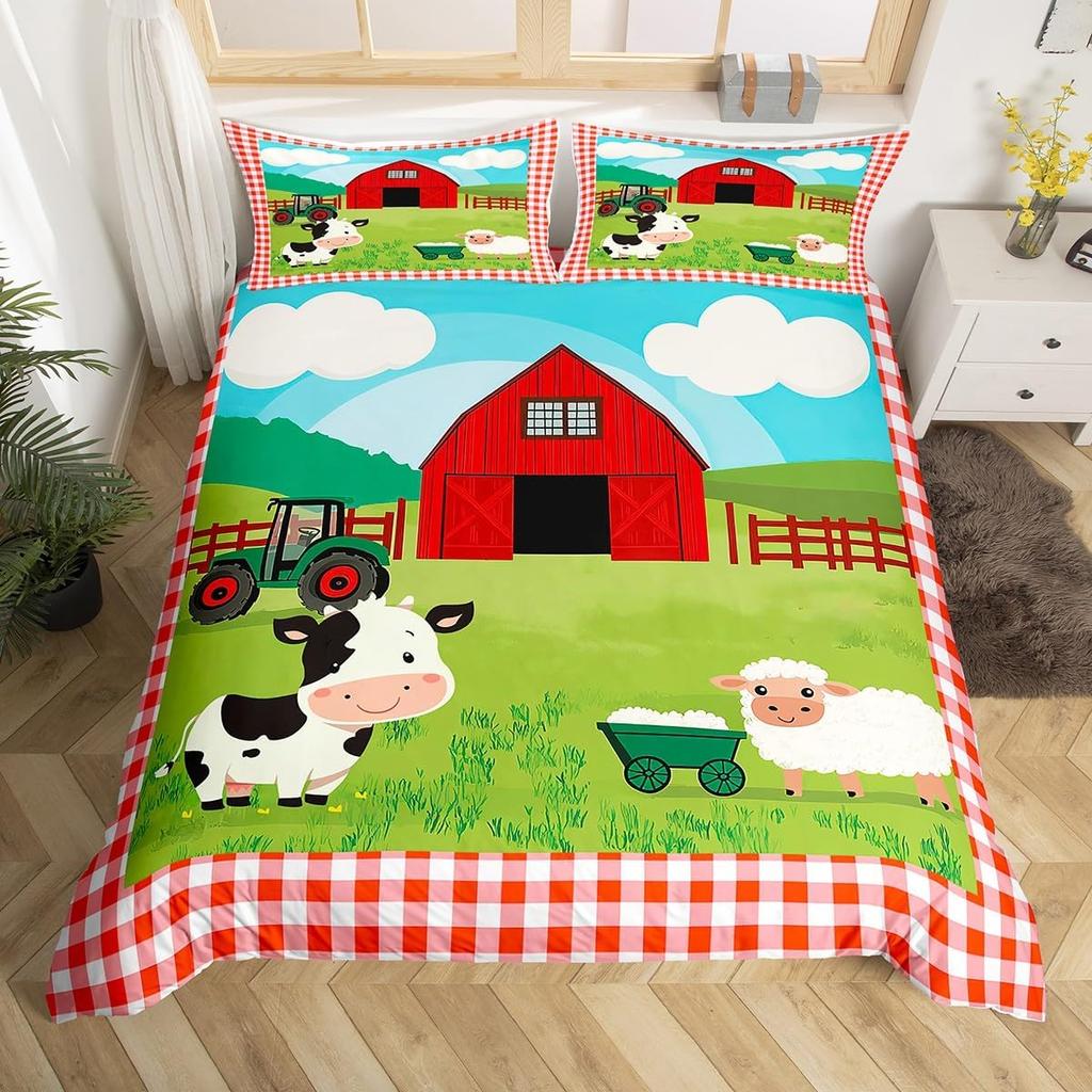 Cartoon Animal Duvet Cover Set, Farm Animal Comforter Cover, Rustic Farmhouse Bedding Set Twin Queen For Kids Boys Girls Adults