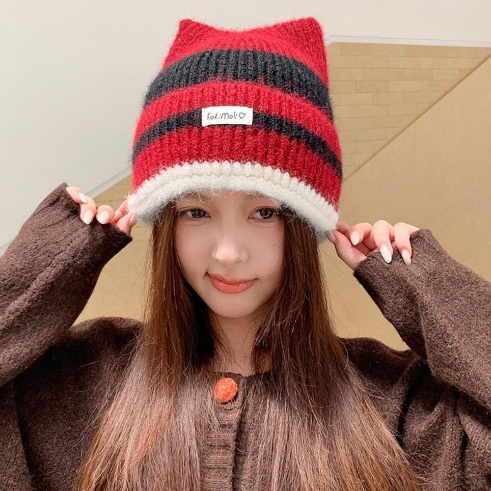 Stretchy Fit Striped Knitted Beanie Hat Wool Polyester Mix Winter Beanie Hat For Women