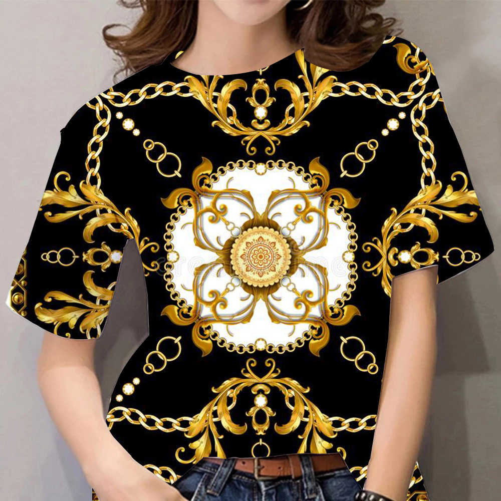 Летние женские футболки с короткими рукавами 3D топы Роскошные рубашки в стиле барокко Дизайнерская одежда Женская футболка Повседневная футболка большого размера с круглым вырезом