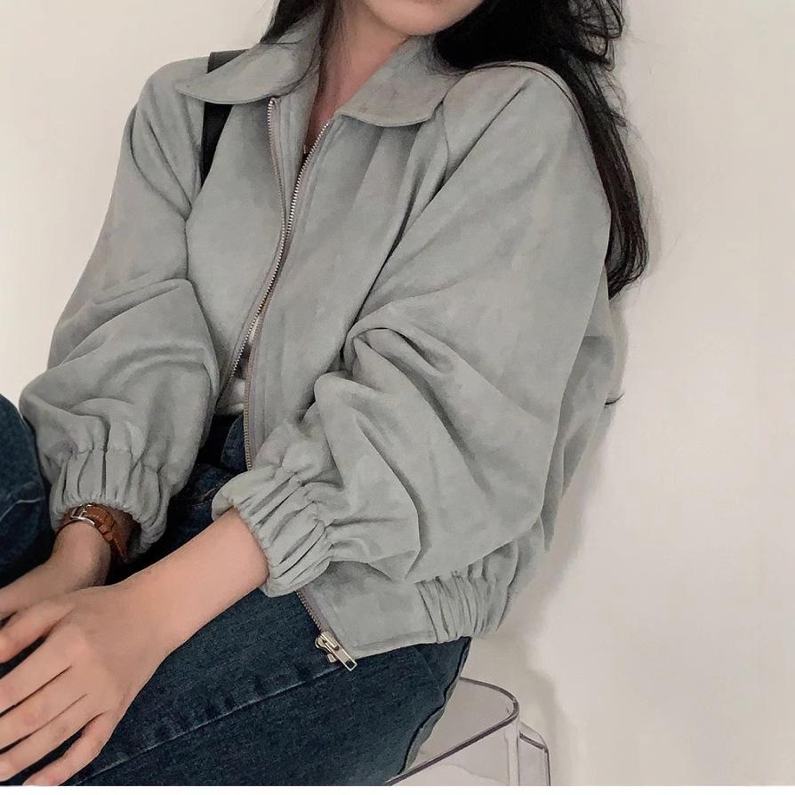 Korean Chic Autumn Retro Faux Suede Stand-Up Collar Zip-Up Jacket for Women