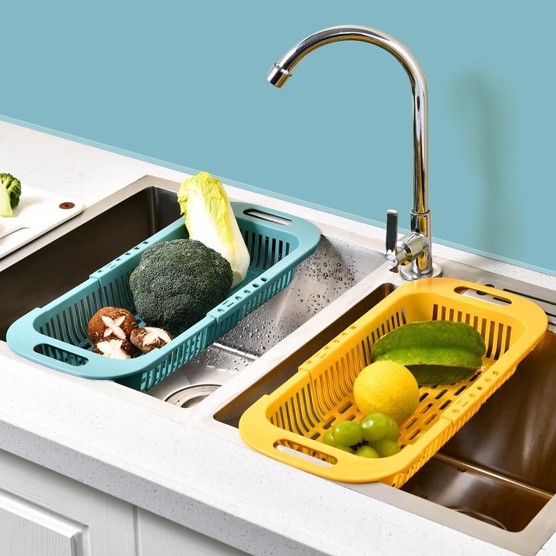 Kitchen Retractable Drain Basket Tableware Storage Racks Fruits Vegetables Cleaning Basin Plastics Water Channel Drain Basket
