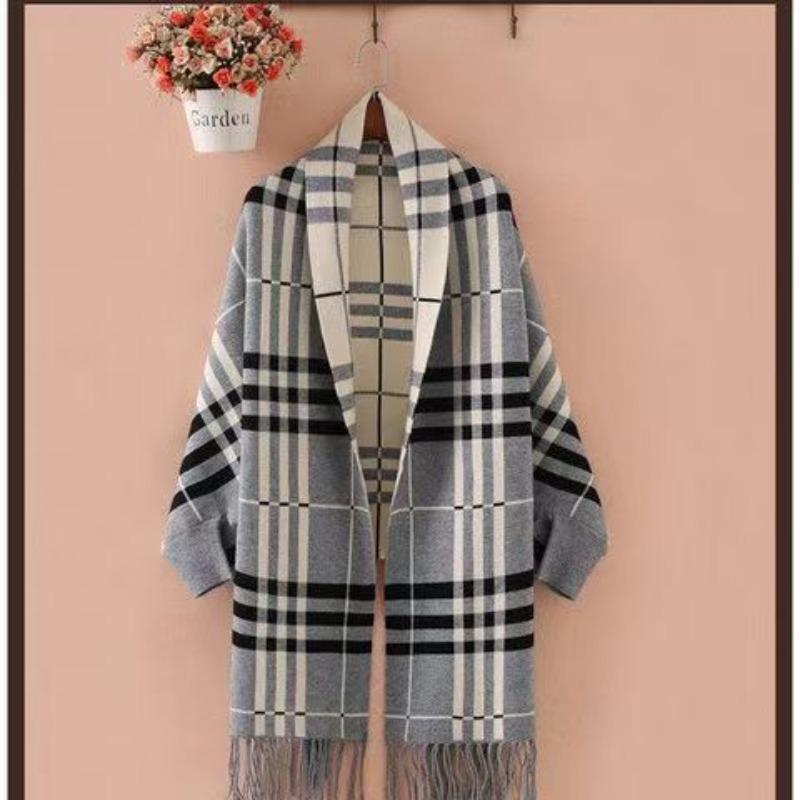Autumn and Winter Swearer Shawl Dual Purpose Checkered Knitted Sleeve Coat for Women Thickened Tassel Bat Sleeve Cloak