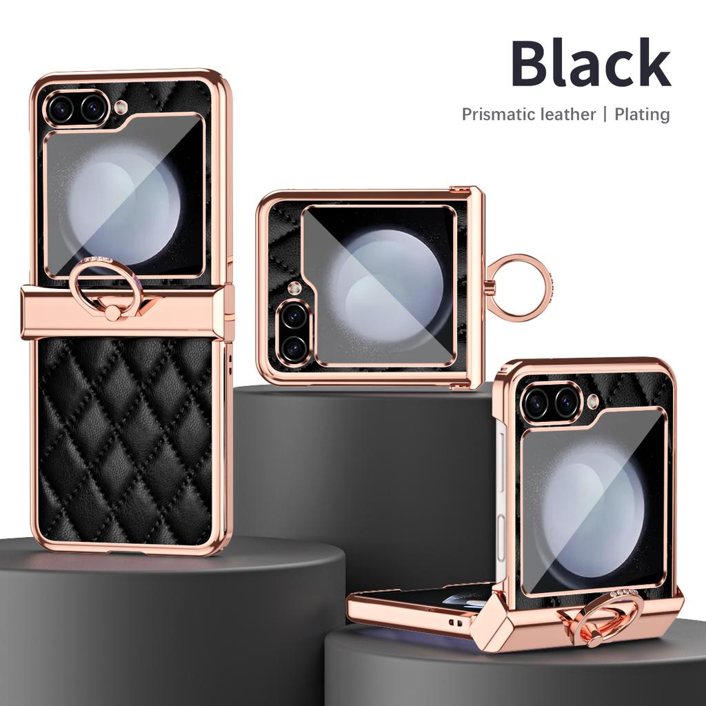 RENGZ Ring Holder Hinge Protection Leather Case for Samsung Galaxy Z Flip 5 5G Small Fragrant Wind Shockproof Cover for Z Flip5