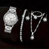 6 Штук Модные и Универсальные Женские Кварцевые Часы со Стальным Браслетом, Инкрустированные Бриллиантами и Стразами + ожерелье + серьги + кольцо + браслет