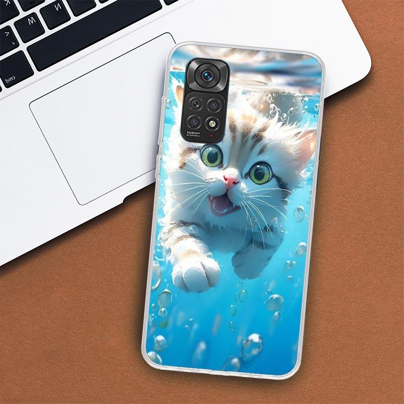 Эстетический чехол для телефона с милым котом и рыбкой для Xiaomi Redmi Note 13 12 12S 11 11S 10 10S 9 9S 11T 11E Pro Plus 8 8T 7 + Coque Coque