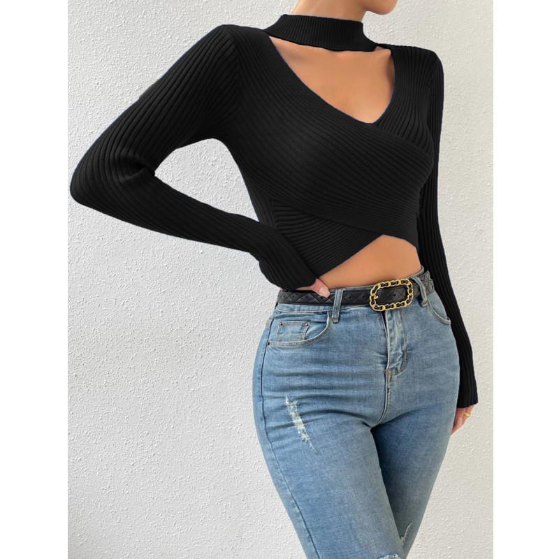 Осень-зима для женщин с длинным рукавом колье на шею с запахом укороченный вязаный свитер в рубчик повседневный пуловер одежда