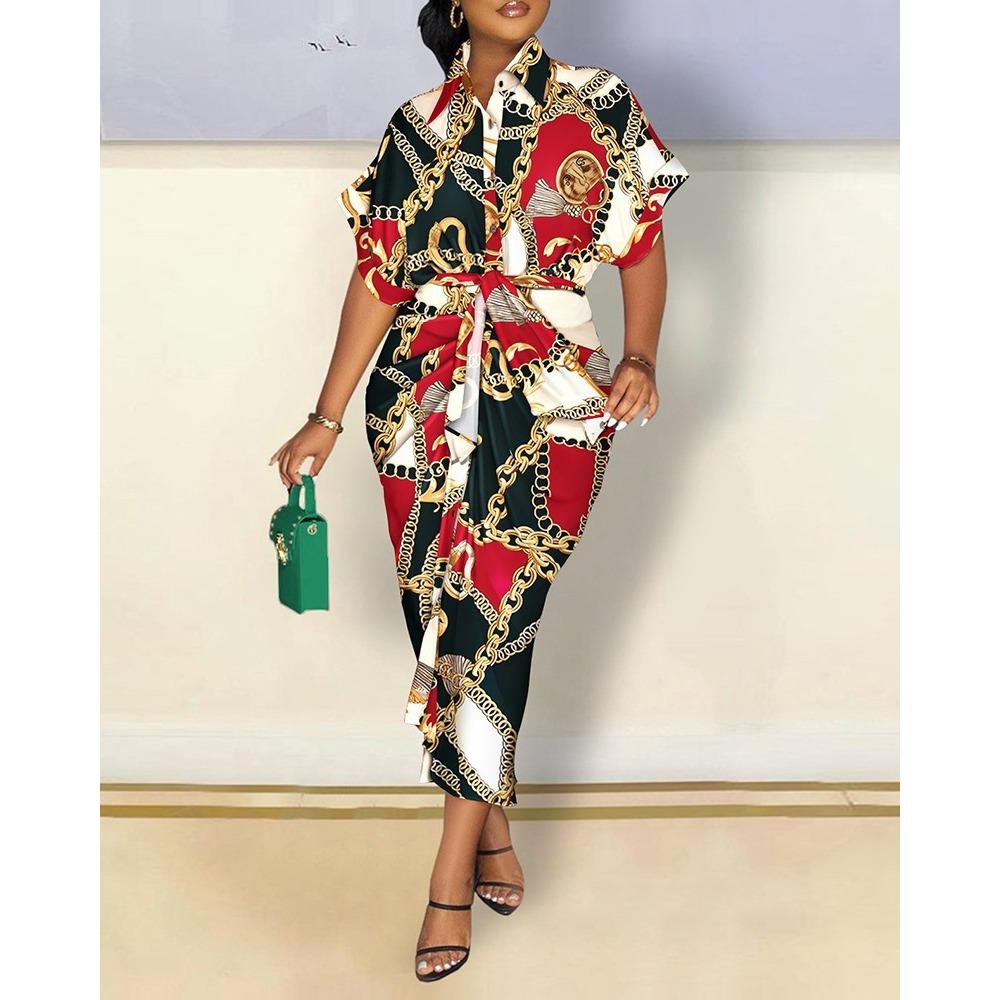 IHUASU Autumn Long Sleeve V-neck Button-up Print Shirt Dress Long Skirt Women