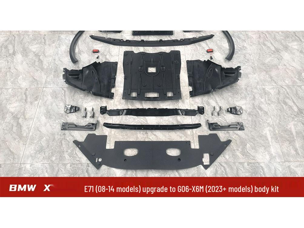 BMW E71 to G06-X6M Conversion Kit: Front/Rear Bumpers, Headlight Brackets, Fenders, and Engine Hood.