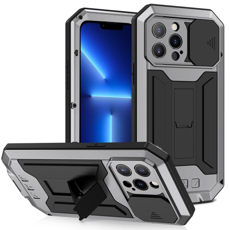 Для iPhone 13 Pro R-JUST Противоударный Металлический + Силиконовый Защитный Чехол со Сдвижной Камерой, Водонепроницаемый, Пылезащитный, с Подставкой