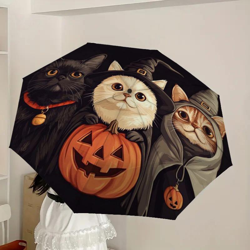 1pc Halloween Cats in Witch Costumes Umbrella with Plastic Handle,Suitable for All Seasons Home Travel Outdoor UmbrellaDD1678