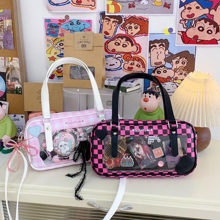 Japanese Kawaii Heart Plaid Ita Bag - Women's Transparent Crossbody with Pin Board