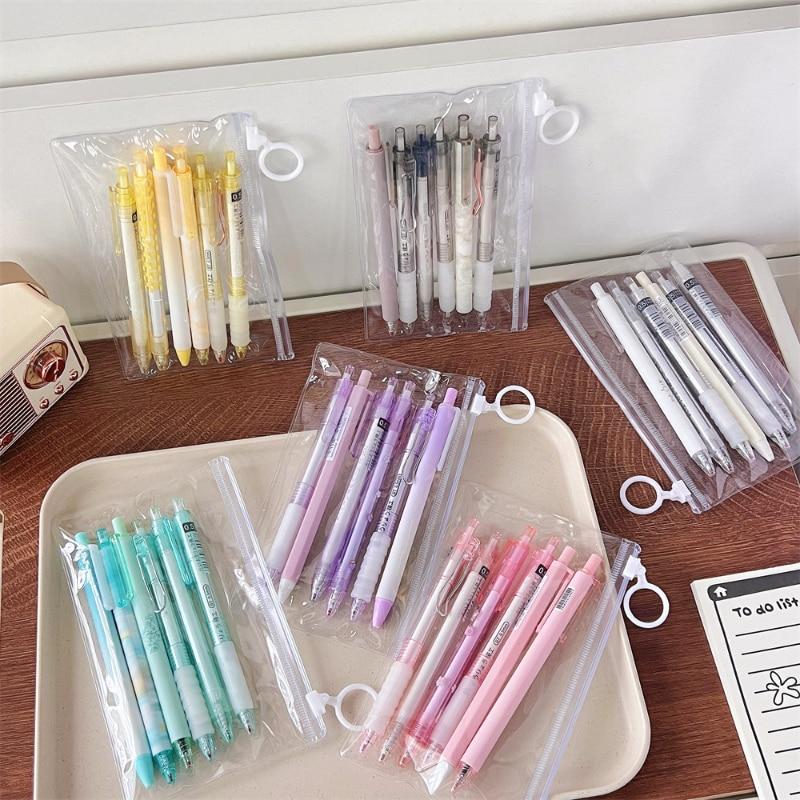 6 шт./компл., милая гелевая ручка с сумкой для хранения, простота, канцелярские принадлежности ярких цветов, гелевая ручка 0,5 мм, черные чернила, ручка для скрапбукинга, письменные принадлежности