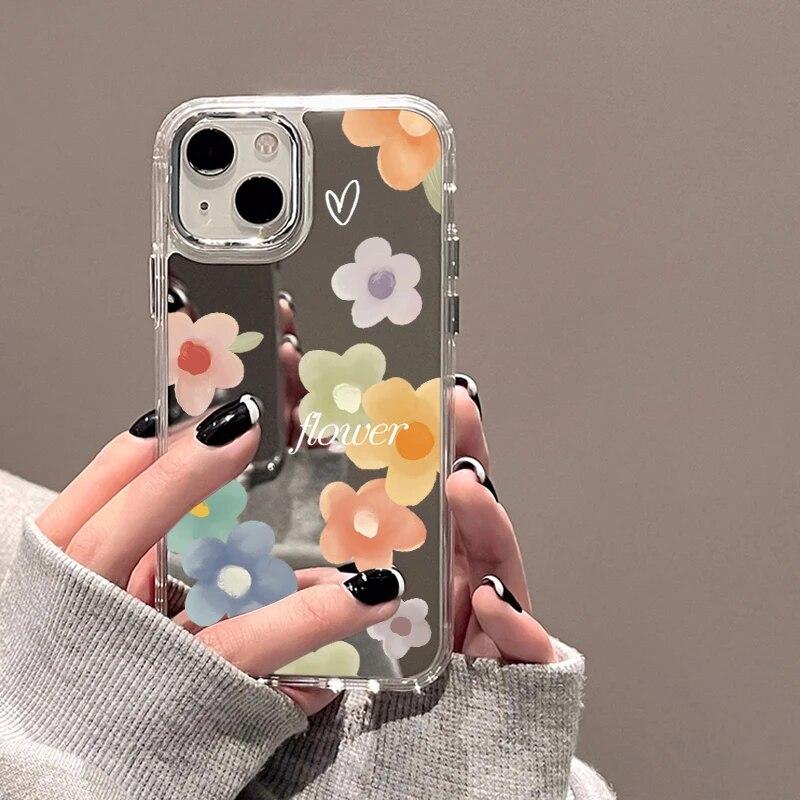 Зеркальный чехол с цветами для iPhone 11, чехол для iPhone 15 14 Pro 12 13 Pro Max X XS XR, милый противоударный мягкий чехол на заднюю панель