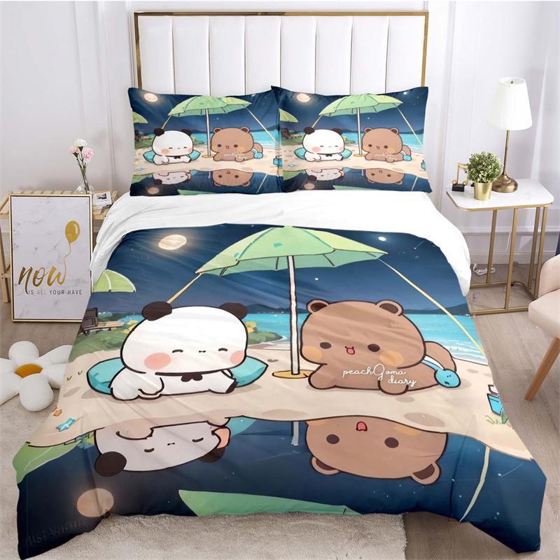 Bear and Bunny on Crescent Moon Print Bedding Set, Night Sky Starry Bed Linen(1 * duvet cover + 2 * pillowcase, without core)
