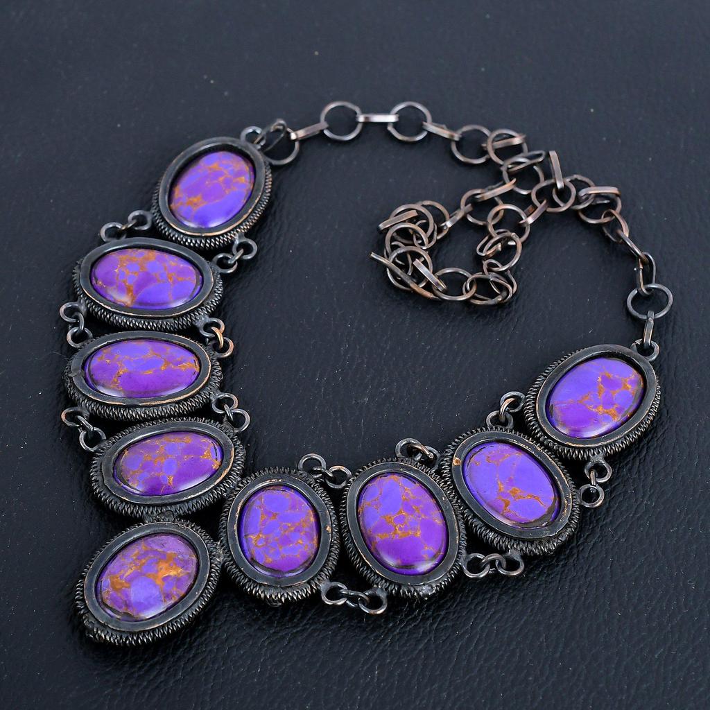 Фиолетово-бирюзовое ожерелье, ювелирные изделия из драгоценных камней, обернутые медной проволокой 999 пробы, ожерелье ручной работы, потрясающие украшения, подарок для нее