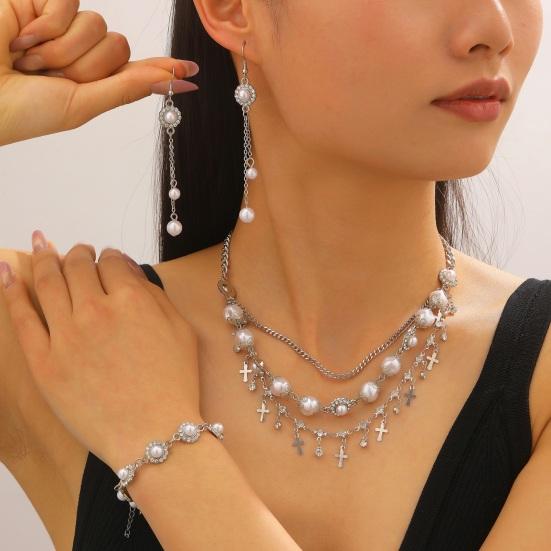 3Pcs/Set Women Jewelry Set Rhinestones Inlaid Imitation Pearls Charm Necklace Drop Earrings Bracelet Set Dating Commuting Jewelry
