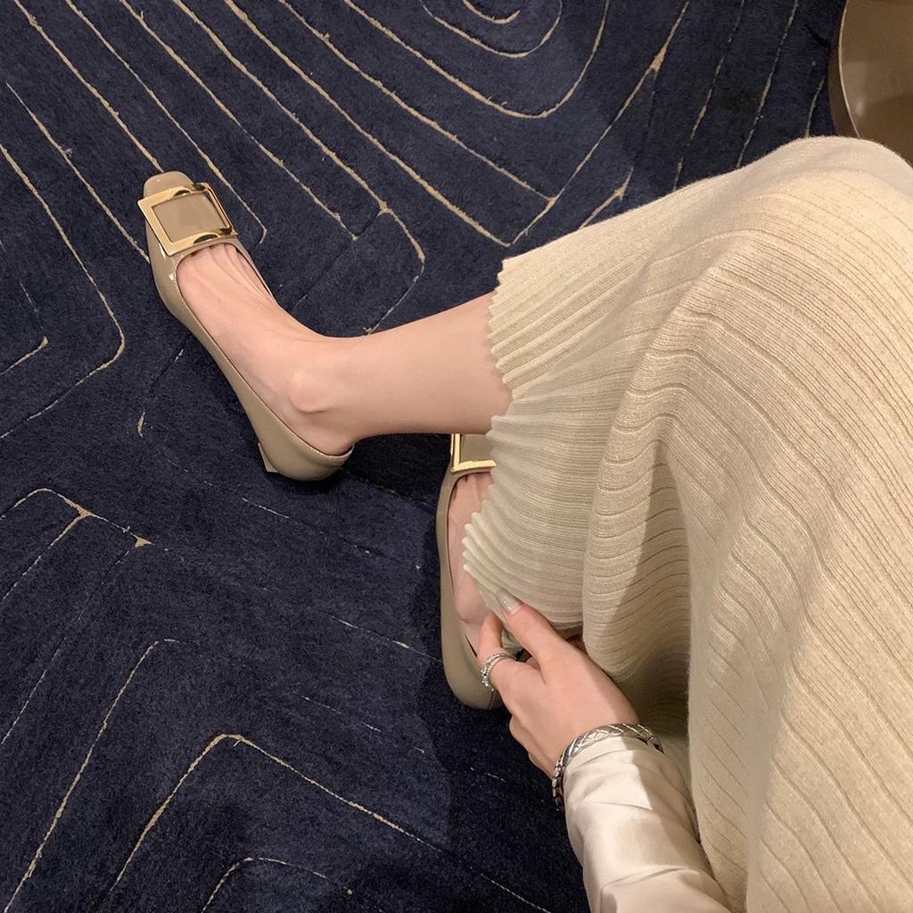 Classic Elephant Gray Square Buckle Single Shoes Women's Thick Heel Rv High Heels Thin Heel Square Head French Beautiful Temperament Commuter Su